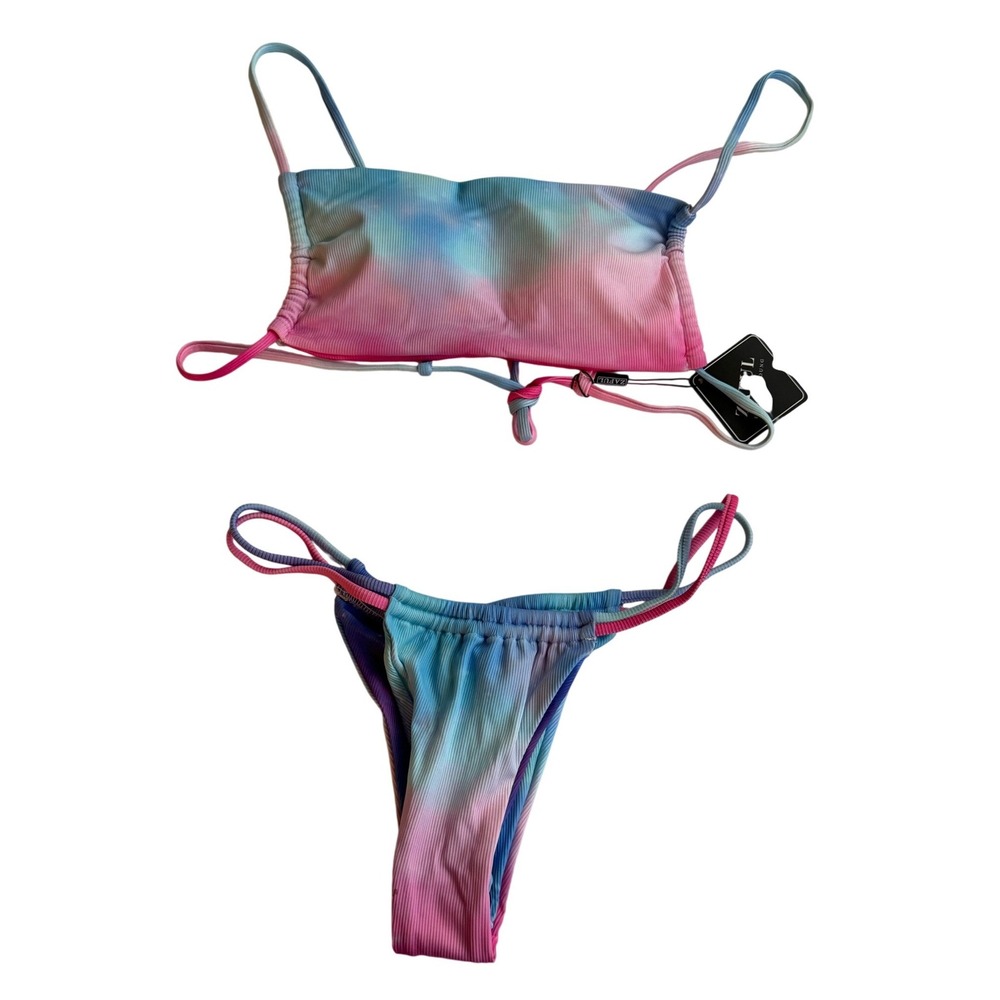 Zaful Women's Pink Blue Tie Dye Ribbed Bandeau High Cut Bikini Set Size Large